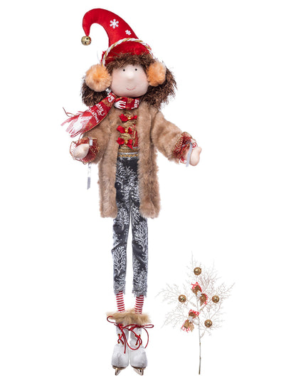 muñeca duende duenda patinador de hielo, patines de hielo, ice skater, abrigo, navidad, xmas handmade hecho a mano, rojo, blanco, dorado, plata, queca designs