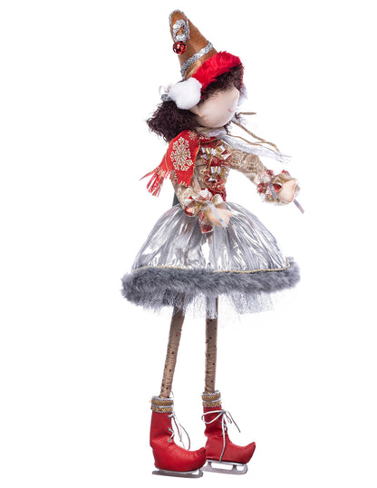 muñeca duende duenda patinador de hielo, patines de hielo, ice skater, falda, copo de nieve, navidad, xmas handmade hecho a mano, rojo, blanco, dorado, plata, queca designs