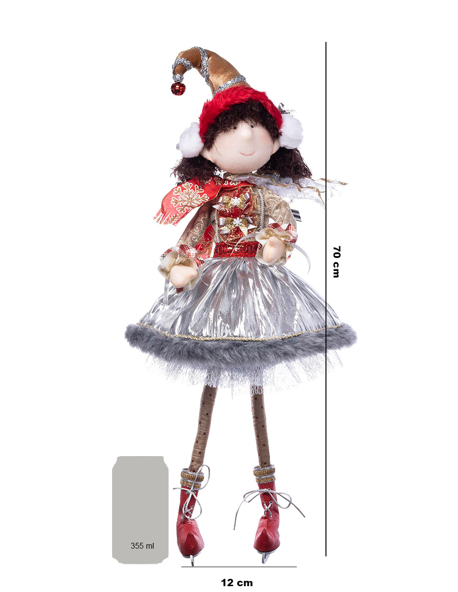 muñeca duende duenda patinador de hielo, patines de hielo, ice skater, falda, copo de nieve, navidad, xmas handmade hecho a mano, rojo, blanco, dorado, plata, queca designs