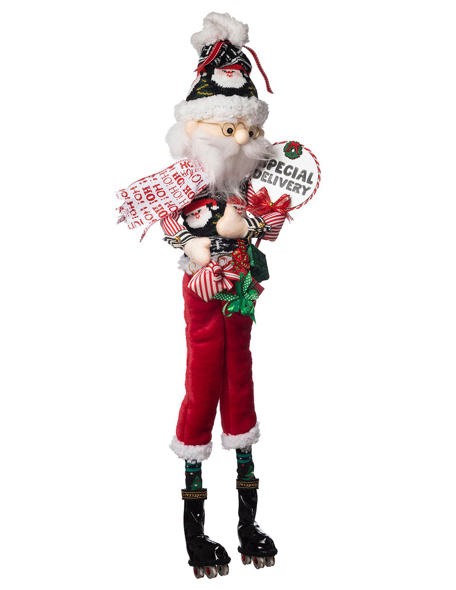 muñeco Santa Claus patinador en ruedas, señal special delivery, gorro, regalos, navidad, roller skaters, xmas handmade hecho a mano, verde, rojo, blanco, dorado, negro, queca designs