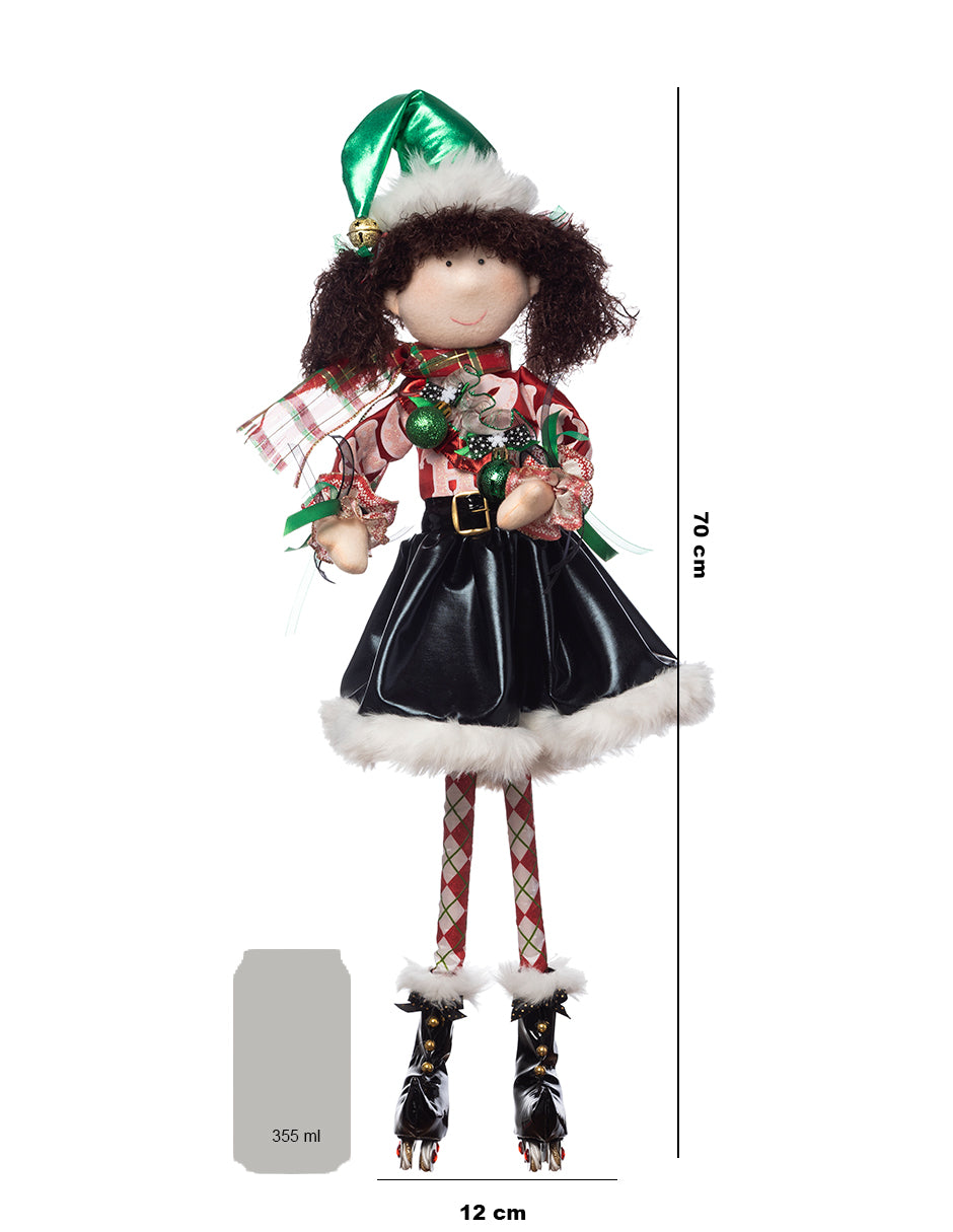 muñeca duende duenda patinador de ruedas, merry christmas, falda, señal polo norte, esferas, navidad, roller skaters, xmas handmade hecho a mano, verde, rojo, blanco, dorado, negro, queca designs