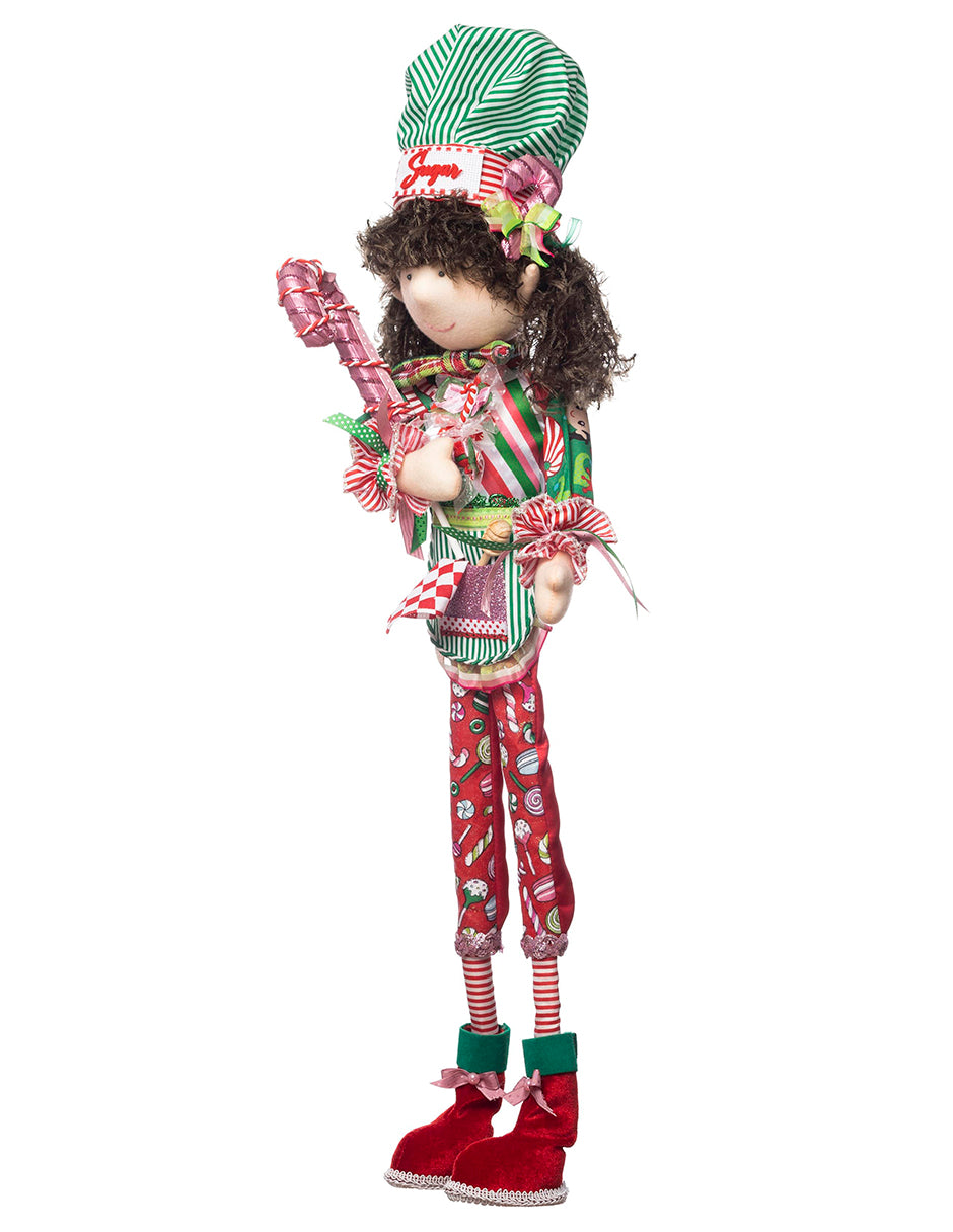 muñeca duenda duende chef cocinera sugar jengibre bastones de caramelo, pala, mandil , gorro francés, merry christmas navidad santa's bakery xmas handmade hecho a mano verde rojo blanco rosa queca designs