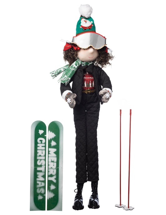 muñeca esquiadora esquís duende duenda merry christmas navidad ski nieve winter invierno xmas handmade hecho a mano negro rojo verde blanco plata santa claus queca designs