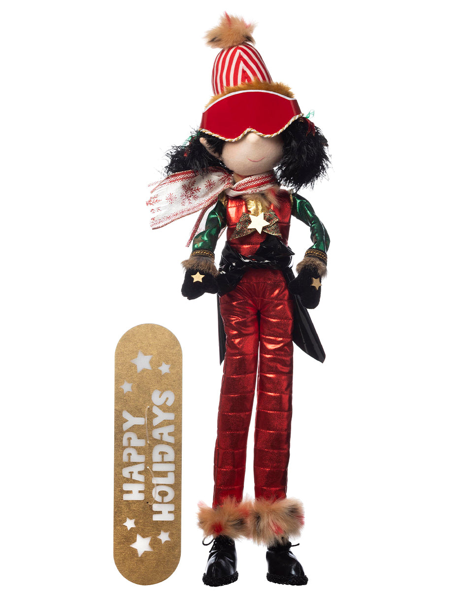 muñeca esquiadora snowboard duende duenda merry christmas happy holidays navidad ski nieve winter invierno xmas handmade hecho a mano dorado negro rojo verde queca designs